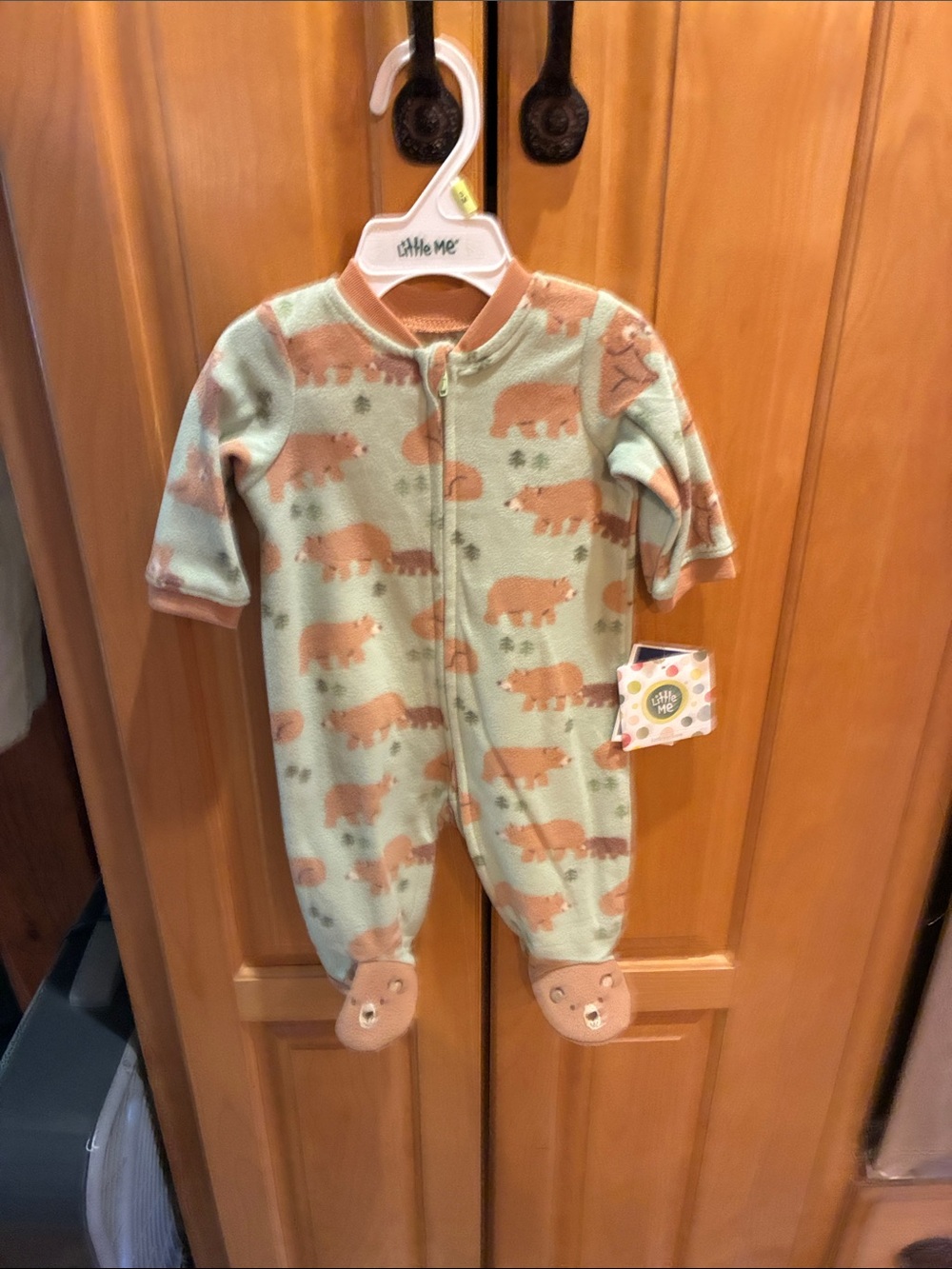 Little Me Mint Green and Tan Bear Fleece Footed One-Piece